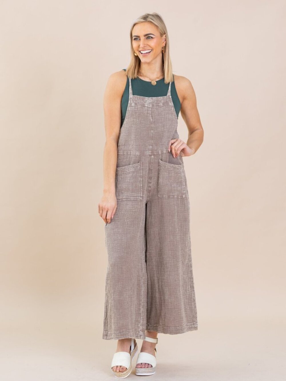 Easel Mineral Washed Cotton Jumpsuit Overalls - Mocha - Size Small